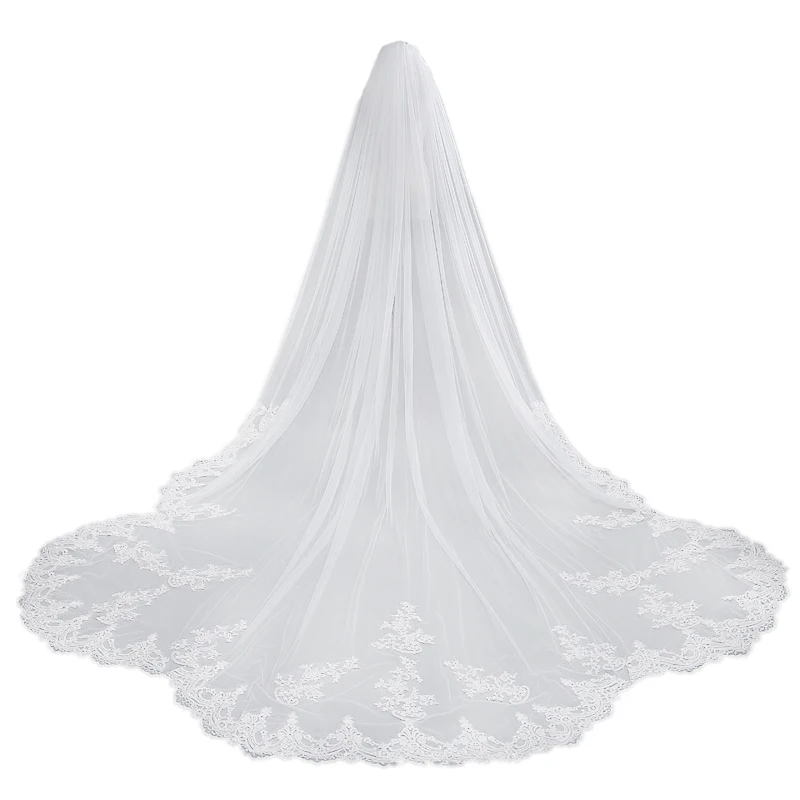 One Layers Ivory Wedding Veil Long Lace E d g e Bridal Veils with Comb Elegant Cathedral Wedding