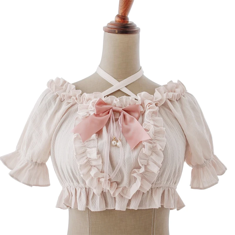 Summer Japanese Lolita Pink Blouse Women Cute Vintage Ruffles Short Sleeve Crop Tops Female Kawaii JSK Cosplay Princess Shirts size 28 43 girls boots women lace up square heel platform ankle boots sweet bow ruffles girls princess cosplay pink lolita shoes