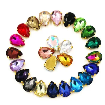 

Teardrop shape flatback glass strass crystal sewing rhinestones with gold base for clothing/wedding decoration