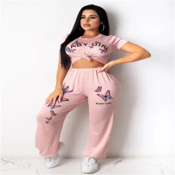 

Womens 2Piece Pajama Sets Short Sleeve Butterfly Print Knot Front Crop Tops High Waist Pants casual Set Loungewear
