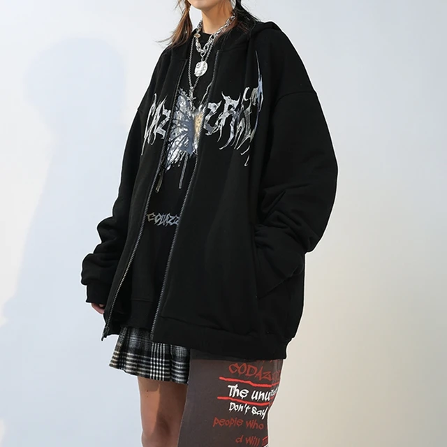 2021 Newest Korean Women's Printed Zipper Ribbon Oversized Hoodie Sweatshirts Retro Black Jacket Sweatshirt Streetwear F
