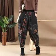 Ретро арт новые джинсы с принтом женские эластичный лоскутный пояс карманные джинсовые шаровары casaul nine брюки p23