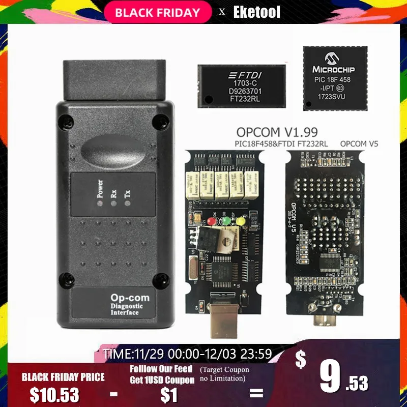 Comprar El último firmware OPCOM 1,99, 1,95, 1,78, 1,70, 1,65 OBD2 CAN BUS lector de código para Opel OP COM OP COM de diagnóstico PIC18F458 Chip FTDI
