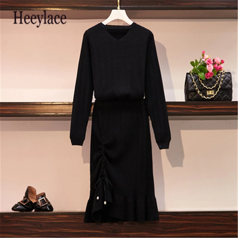

Plus Size Knit Long Sleeve Sexy V-Neck Jumper Sweaters Tops+Elastic High Waist Drawstring Knitted Skirts Women Autumn Sets 4XL