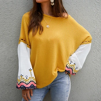 

Autumn Woman Upside-Down Long-Sleeved Knitted Sweater For Ladies Hand Embroidered Lantern Sleeve Stitching Knit O-Neck Sweaters