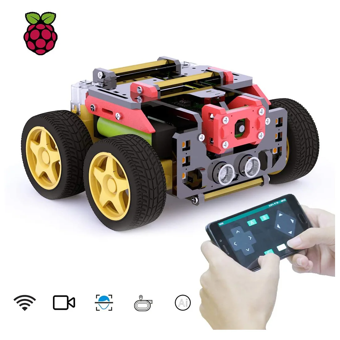 AWR-Robot inteligente 4WD con WiFi para coche, dispositivo con seguimiento de objetivo OpenCV, vídeo en tiempo Real para Raspberry Pi4/3 Modelo B +/B (sin placa de desarrollo)