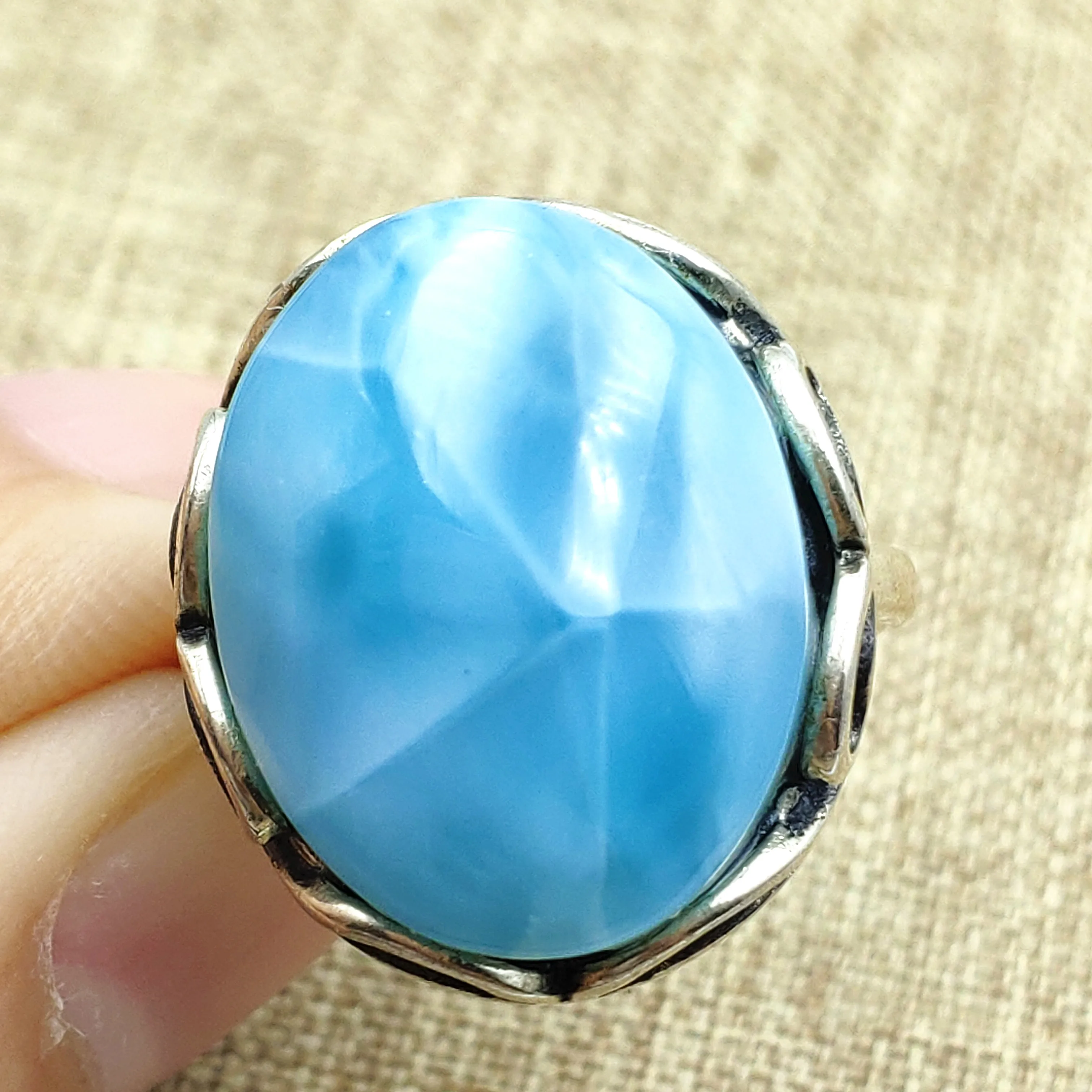 

Genuine Natural Blue Larimar Women Men Adjustable Size Ring 925 Silver 20x15mm Oval Beads Fashion AAAAAA Jewelry