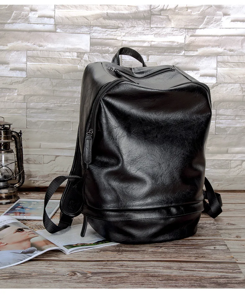 

Barrel Travel Outing Hiking Backpack PU Leather Large Capacity Commuter Laptop School Bag