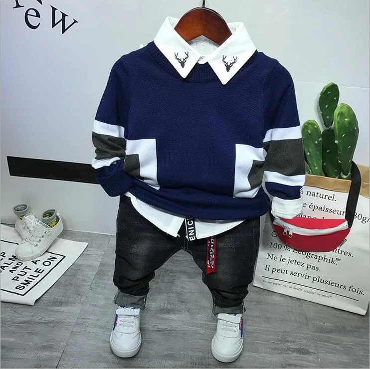 

Boys Knit sweater + shirts + jeans 3pcs sets toddler boys clothing set Toddler Boy Clothing Casual Kids Outfits 2-6years