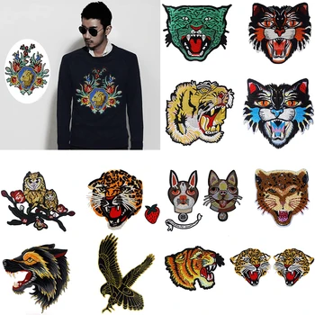 

Cartoon Animal Tiger Flower Patch Embroidery Applique Iron on Sticker Eagle Wolf Leopard Sew for Jacket Back Garment Accessory