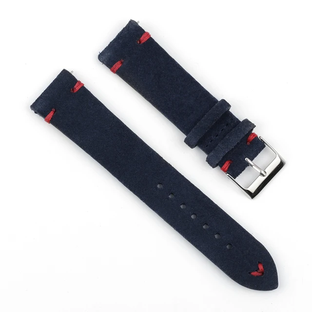 High Quality Suede Leather Vintage Watch Straps Blue Watchbands Replacement Strap for Watch Accessories 18mm 20mm 22mm 24mm DarkBlue-Red Line