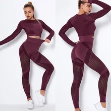 Conjunto de yoga feminino agasalho roupas femininas roupas de treino de ginástica roupas de manga longa de fitness colheita superior + leggings esporte terno