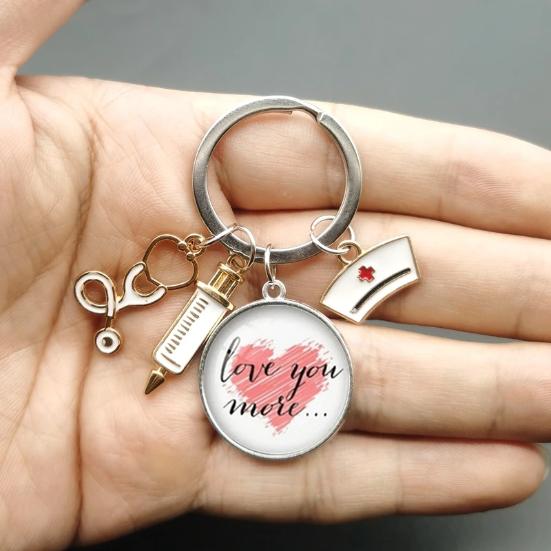 Paint Fashion Creative Nurse Medical Syringe Stethoscope Image Keychain Glass Suitable for Nurses and Doctors Key Ring Pendant Gift key chains,key rings