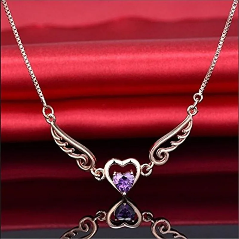Dream Angels Wings Love Heart ожерелье женский подарок на день рождения 2 цвета 925 Серебряное ожерелье фиолетовый