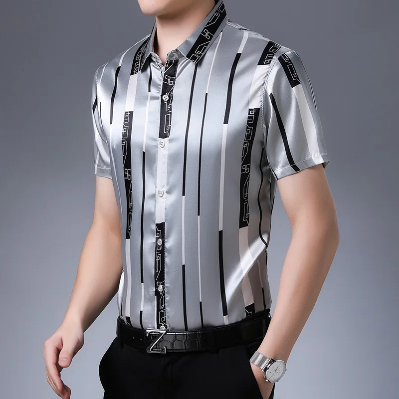 New Summer Male Silk Clothes Fashion Striped Silk Shirt Short Sleeve Mens Casual Satin Dress Shirts