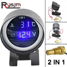 Круглый светодиодный цифровой автомобильный датчик температуры воды, датчик температуры, мото+ Вольтметр, вольтметр, измеритель напряжения, 2 в 1, 12 В, 24 В