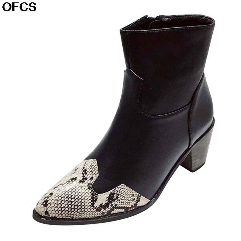 

Autumn Women Zip Ankle Boots Snake Print Square Heels Boots Female Sexy Ladies Winter Chelsea Boot Size 41 Pointed Toe Shoes