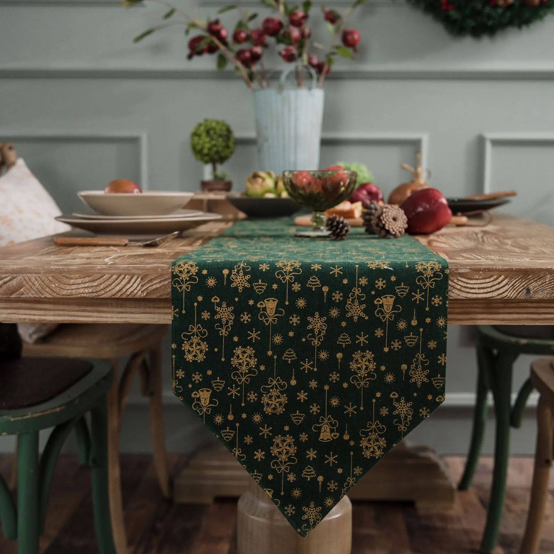Table Runner Christmas Party Decorations Green Gold Placemats Table Cloth Runners Rustic Home Dining Foom Table
