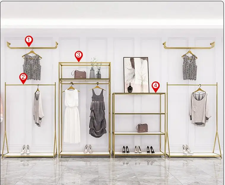 Clothing display rack wall stainless steel gold middle island side hanging shelf of women's clothing store display shelves