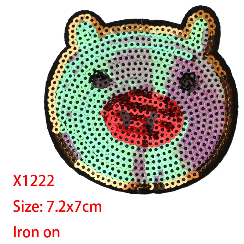 Description Picture 2 of item1 Pcs Owl Pig Head Bear cartoon sequin icon Iron on Patches for Clothing DIY Stripes Clothes Patchwork Stickers Custom Badges