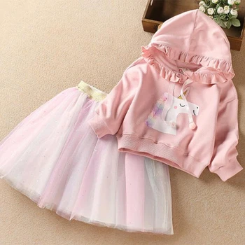 

Girls Unicorn Dress Clothing Sets Spring Autumn Cute Princess Girl Hoodie Sweatshirts Gauze Dress 2PCS Set Children Clothing Set