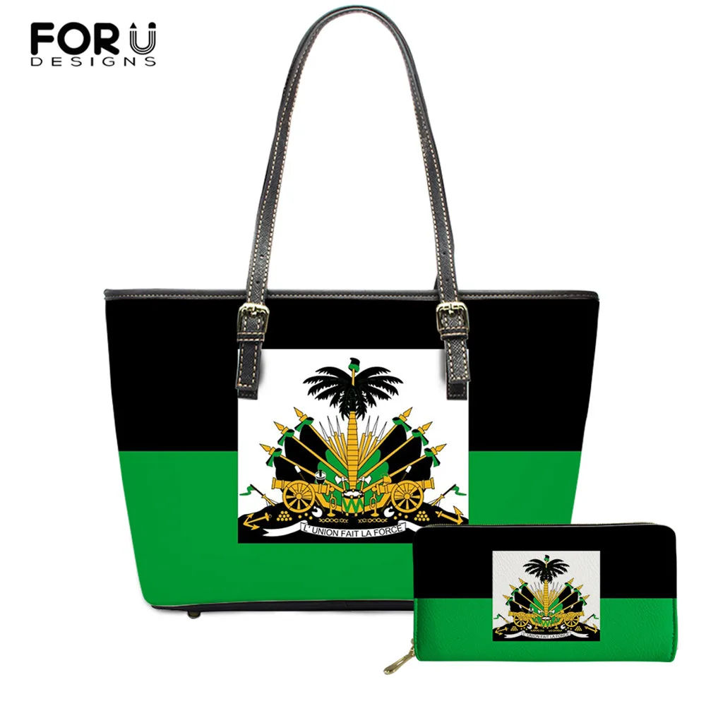 

FOURDESIGNS Luxury Women Large Leather Handbag and Purse 2Set Haiti Flag Print Office Ladies Shoulder Bags Clutch Wallets Mujer