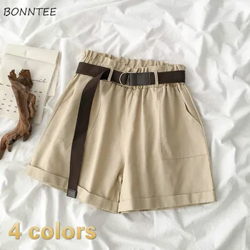 

Shorts Women Solid Pockets Wide Leg with Sashes Korean Trendy Elegant Vintage Cotton Hot Sale New Arrival Womens Daily All-match