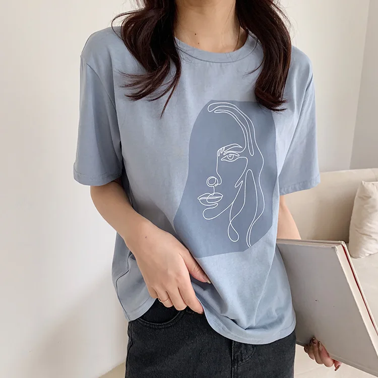 Abstract Print T-shirt Female Short Sleeve 2020 Summer New O-Neck Korean Women's Casual Tops Tees Harajuku