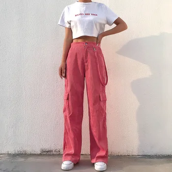 

Women Casual Pockets Patchwork Cargo Pants 2020 High Waist Straight Trousers Women Pants Corduroy Straight Casual Pants