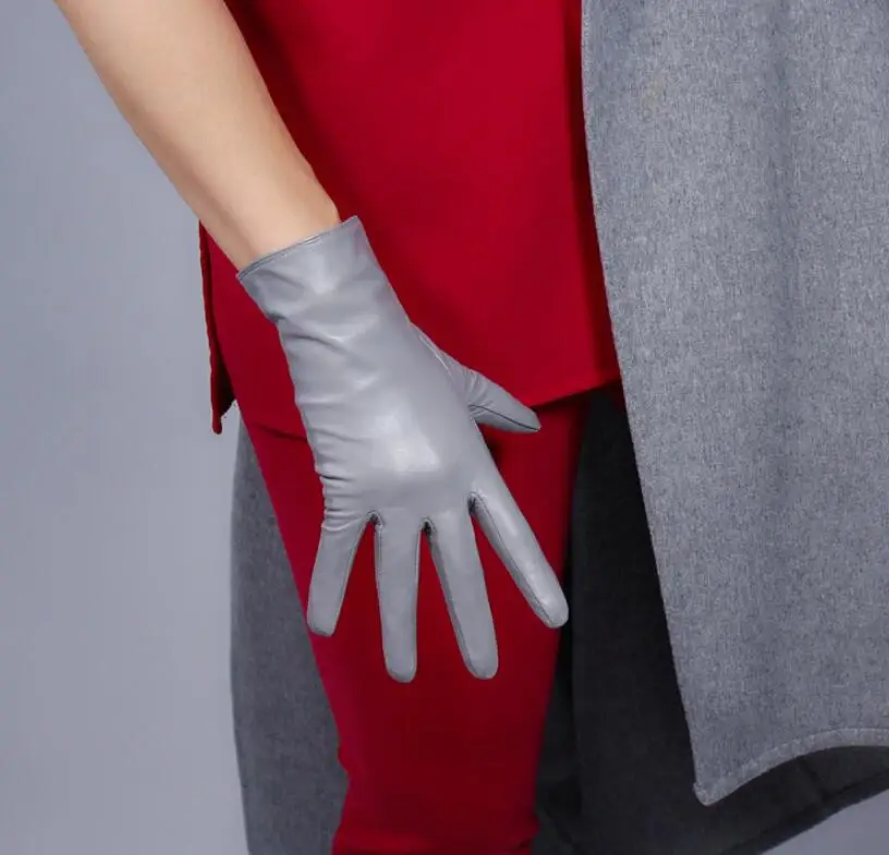 gray Women's autumn winter fleece lining thicken warm natural goat leather glove lady's genuine leather short driving glove R2095 - Цвет: gray