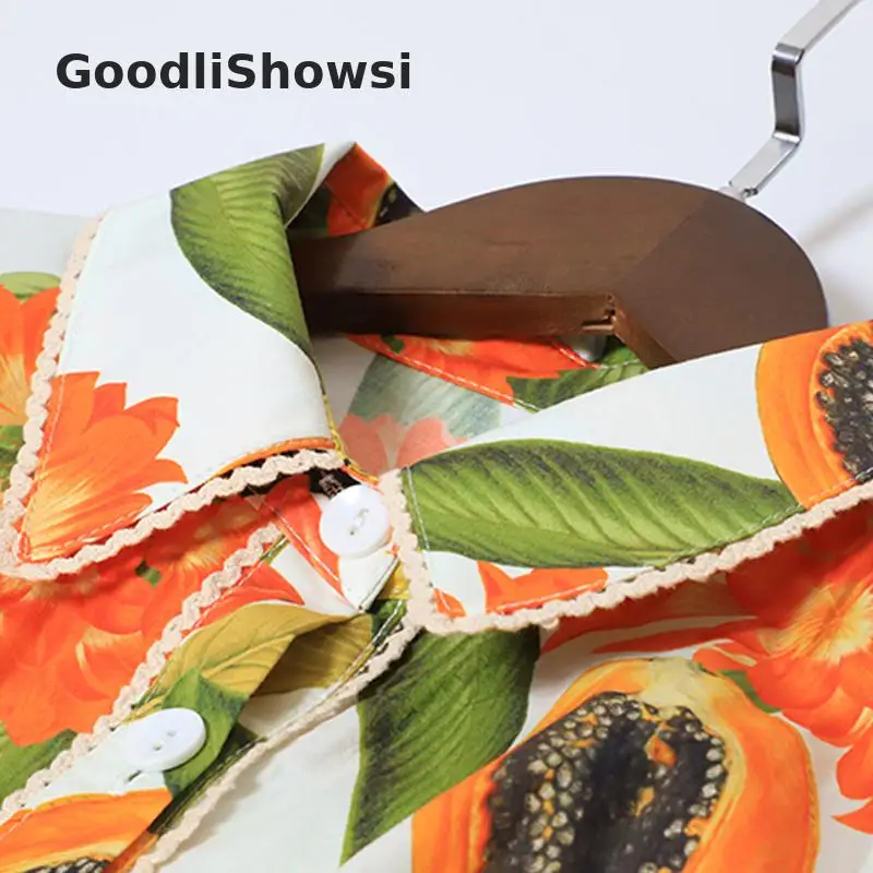 GoodliShowsi Гавайское платье для отдыха с фруктовым принтом, с отложным воротником, с длинным рукавом, однобортное, милое женское платье-рубашка с поясом