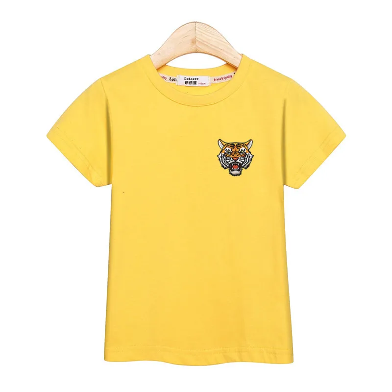 Детская модная рубашка с вышивкой; Футболка С Рисунком Тигра на груди для мальчиков; хлопковая детская одежда с короткими рукавами; рубашка с аппликацией животного для мальчиков - Цвет: Yellow1