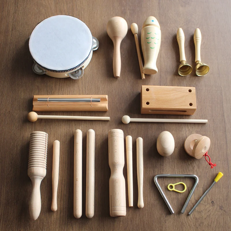 Log Percussion Instrument Set Toy Wooden Sand Hammer Drum Double Sound Tube Beginner Music Teaching Aids For Preschool Children 2