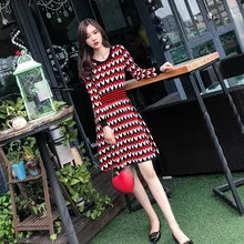 Осень и зима, корейское стильное изящное трикотажное платье с красным сердцем, приталенное элегантное облегающее ТРАПЕЦИЕВИДНОЕ платье-свитер