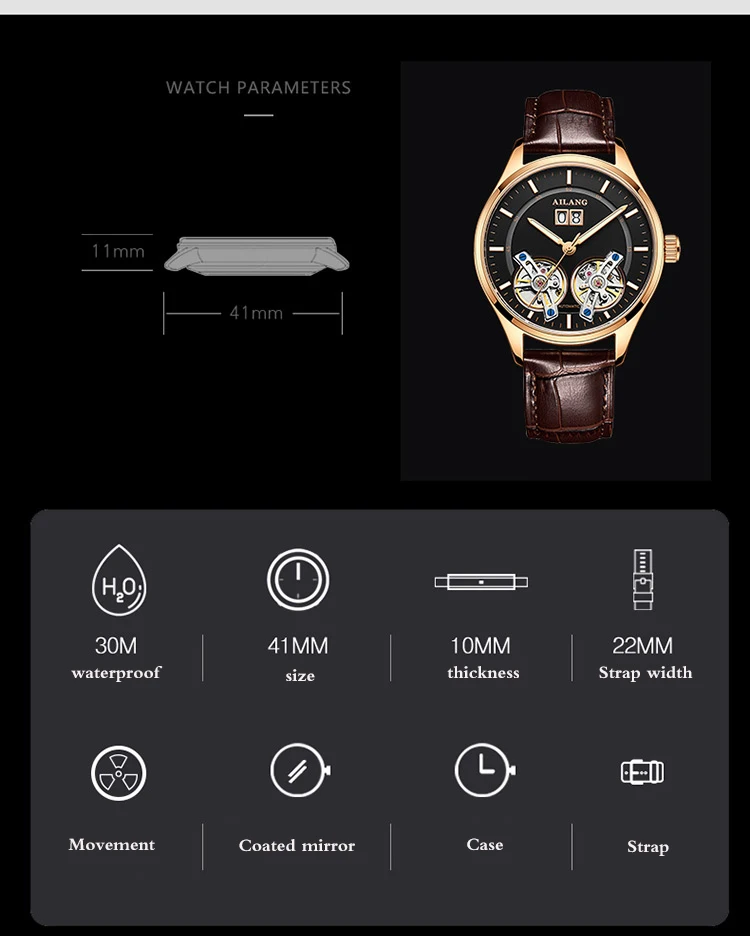 AILANG Top Brand Fashion Luxury Rose Gold Case Watches Trend Simple Men's Tourbillon Steampunk Waterproof Mesh Strap 8825