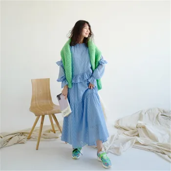 

RUGOD New Spring Dress Women Korean Chic Temperment Stringy Selvedge Long Length Dresses Loose Style Vestidos