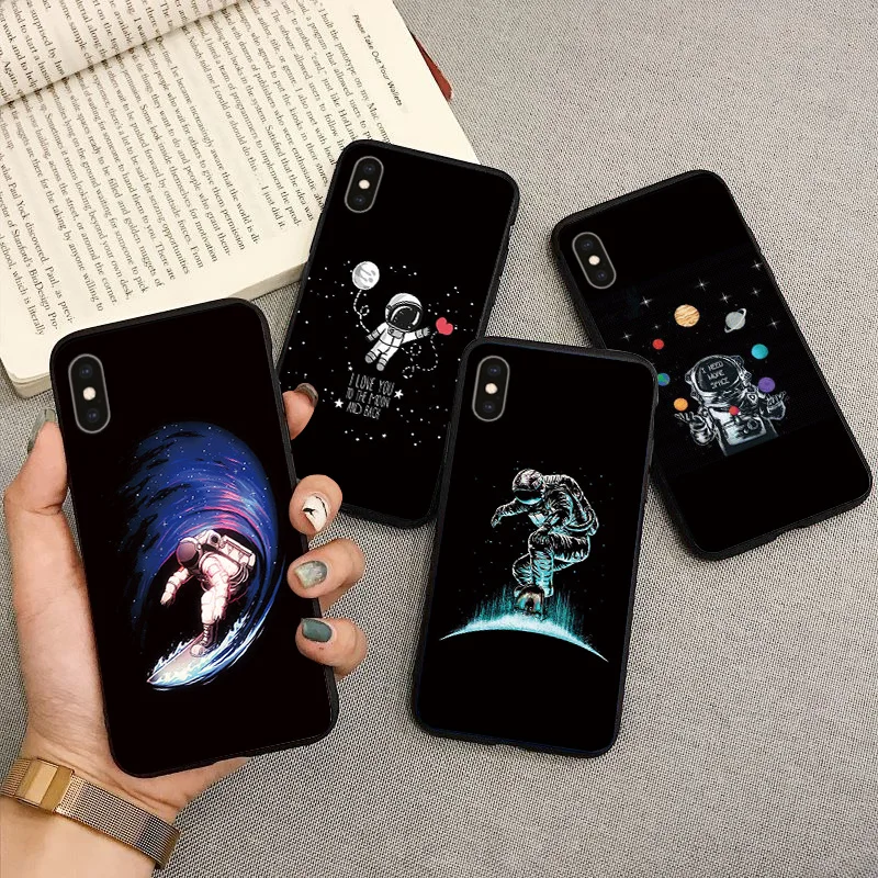 Черный чехол из ТПУ для Apple iPhone X XR XSMax 11 Модный с мультяшным астронавтом 6 6S 7 8 Plus