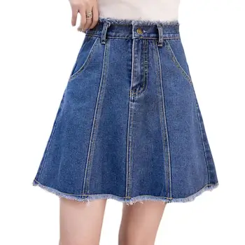 

Summer Womens Girls Ladies A Line Mini Denim Skirt High Waist Raws Edge Skirts with Pocket Blue Female School Office workwear