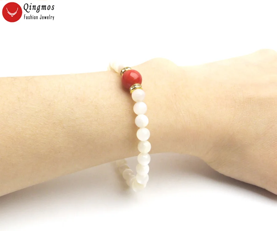 Qingmos модный натуральный 6 мм белый браслет в виде ракушки с бусинами для женщин 10 мм круглый натуральный красный коралловый браслет 7," ювелирные изделия bra499