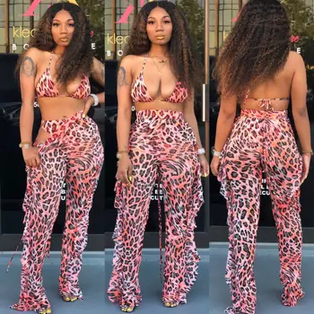 

Ladies Women Summer Leopard Clothes Set 2019 Two Pieces Oufits Sleeveless Crop Tops Bodycon Pants Trousers Costume