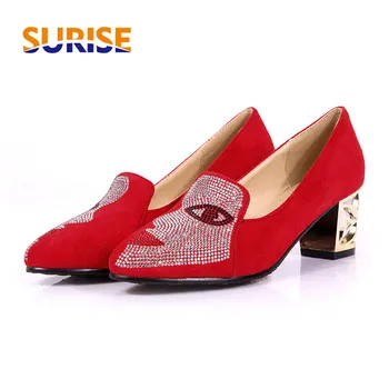 

Big Size 48 Elegant Rhinestone Women Pumps High Square Block Heel Pointed Toe Red Black Crystal Face Flock Slip-on Lady Shoes
