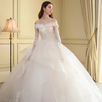 

luxury bridal WEDDING gown lace up OFF SHOULDER LONG SLEEVE wedding dresses PLUS SIZE LONG SLEEVE wedding DRESS with train