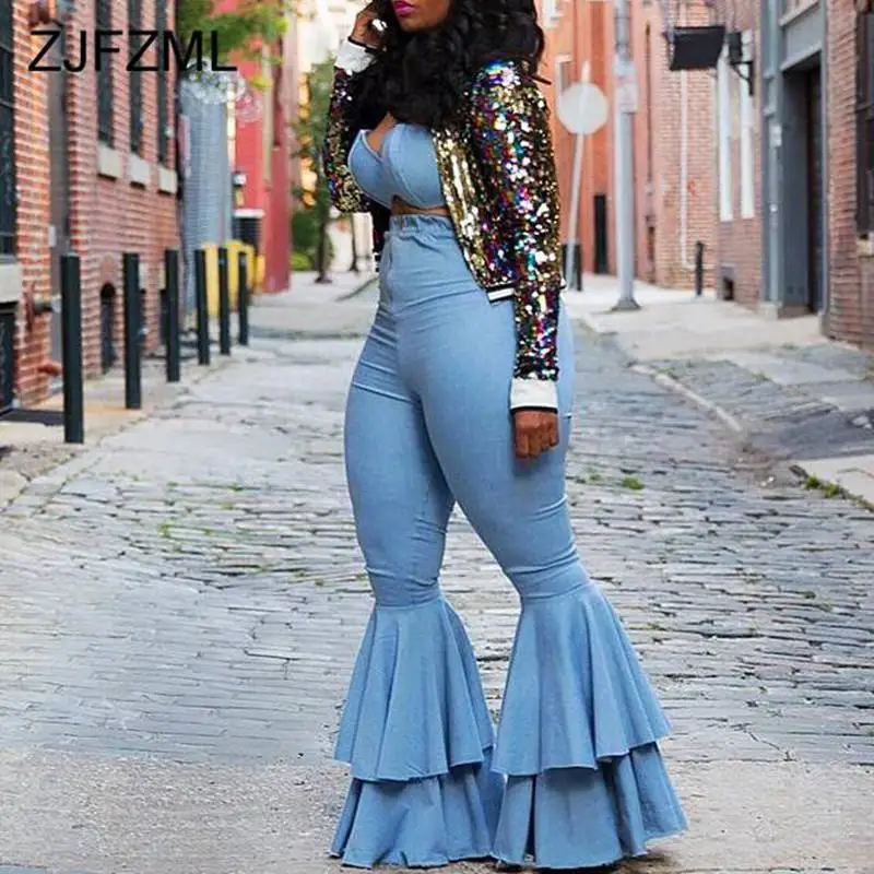 

Sexy Two Piece Set Summer Clothes for Women Strapless Open Back Crop Tops and High Waist Ruffle Bell Bottom Pants Plus Size Set