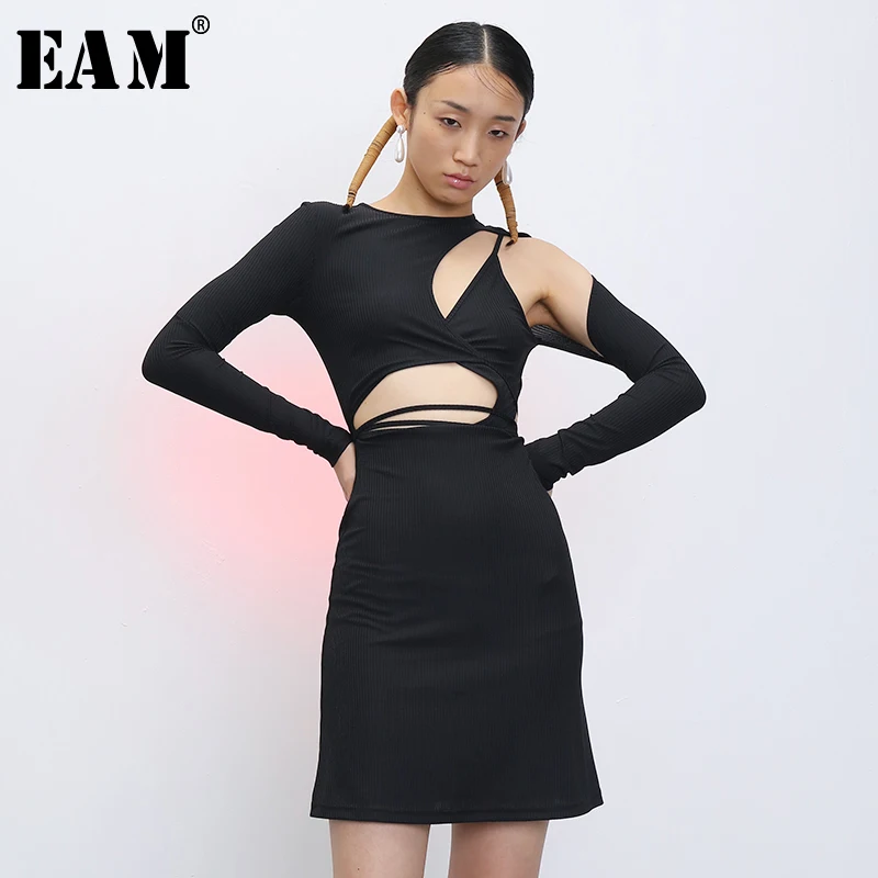 Женское платье с круглым вырезом EAM черное Свободное и длинными рукавами