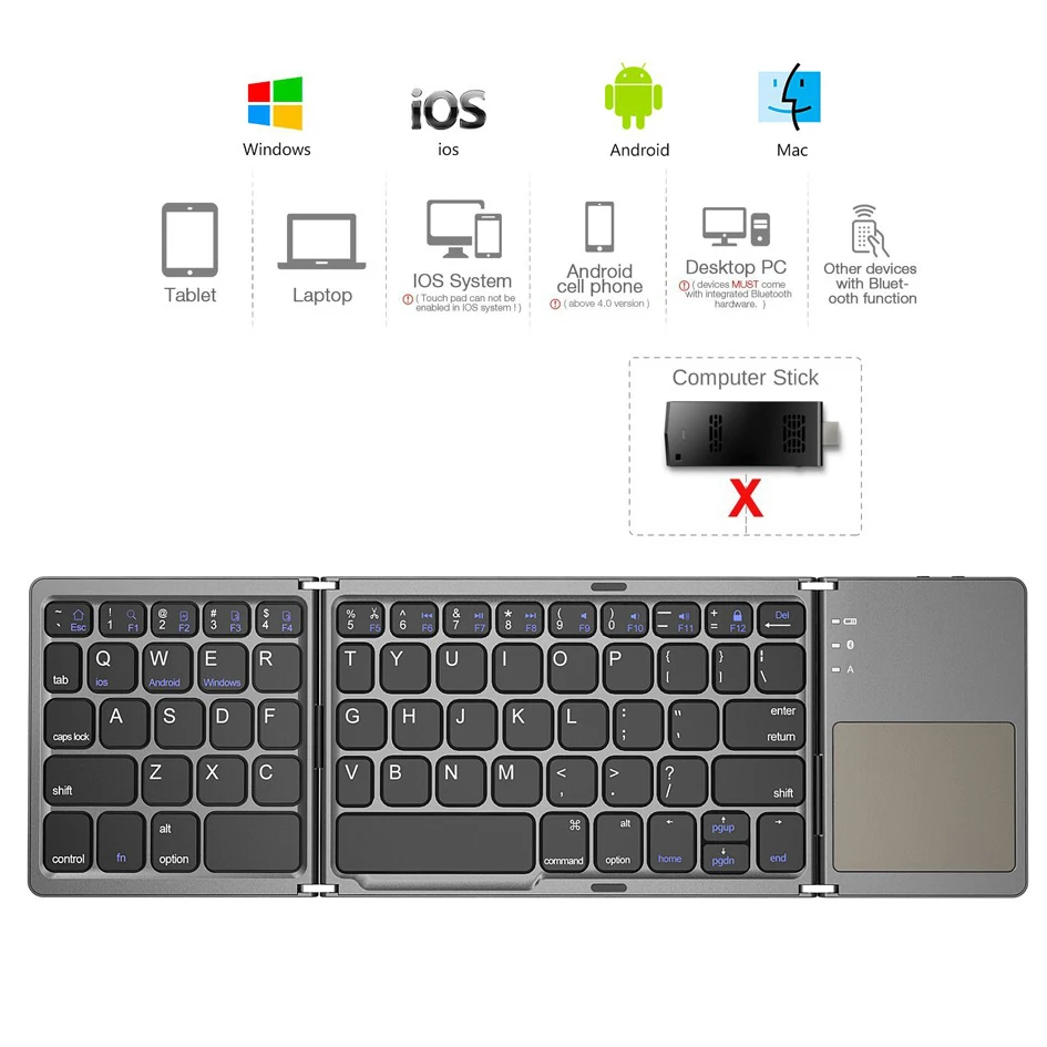 AVATTO Russian/Spanish/English B033 Mini Folding keyboard, Wireless Bluetooth Keyboard with Touchpad for Windows, Android, IOS magic keyboard pc