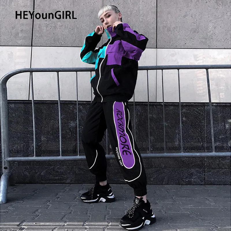 HEYounGIRL лоскутное повседневное Harajuku ветровка для женщин с длинным рукавом курточка бомбер Дамская мода хип хоп пальто карманами