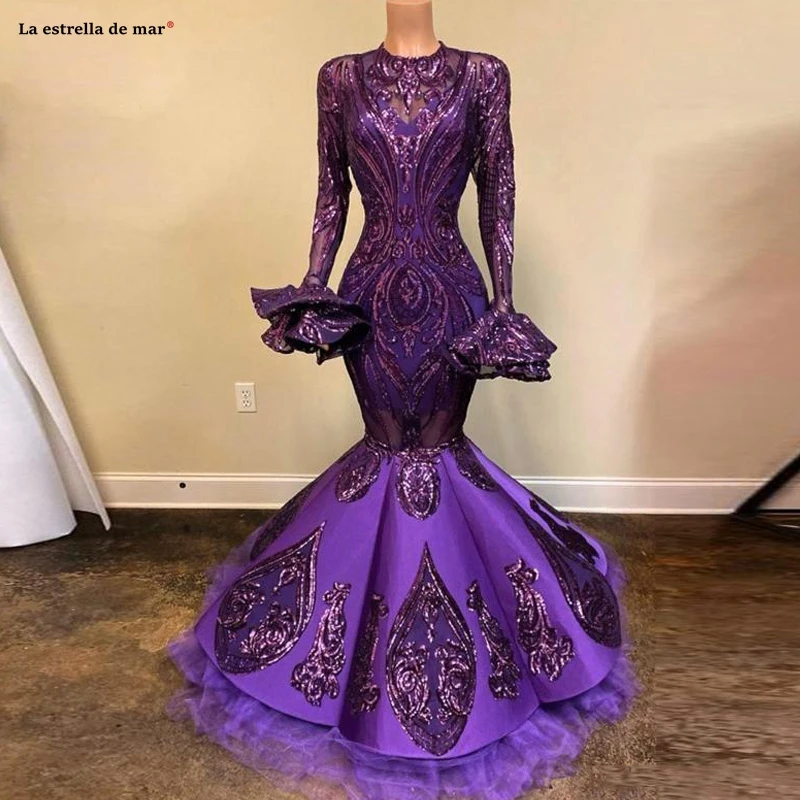 Фиолетовое, расшитое блестками, черное платье для выпускного вечера для девочек с расклешенными широкими рукавами, атласное вечернее платье русалки, vestido de festa