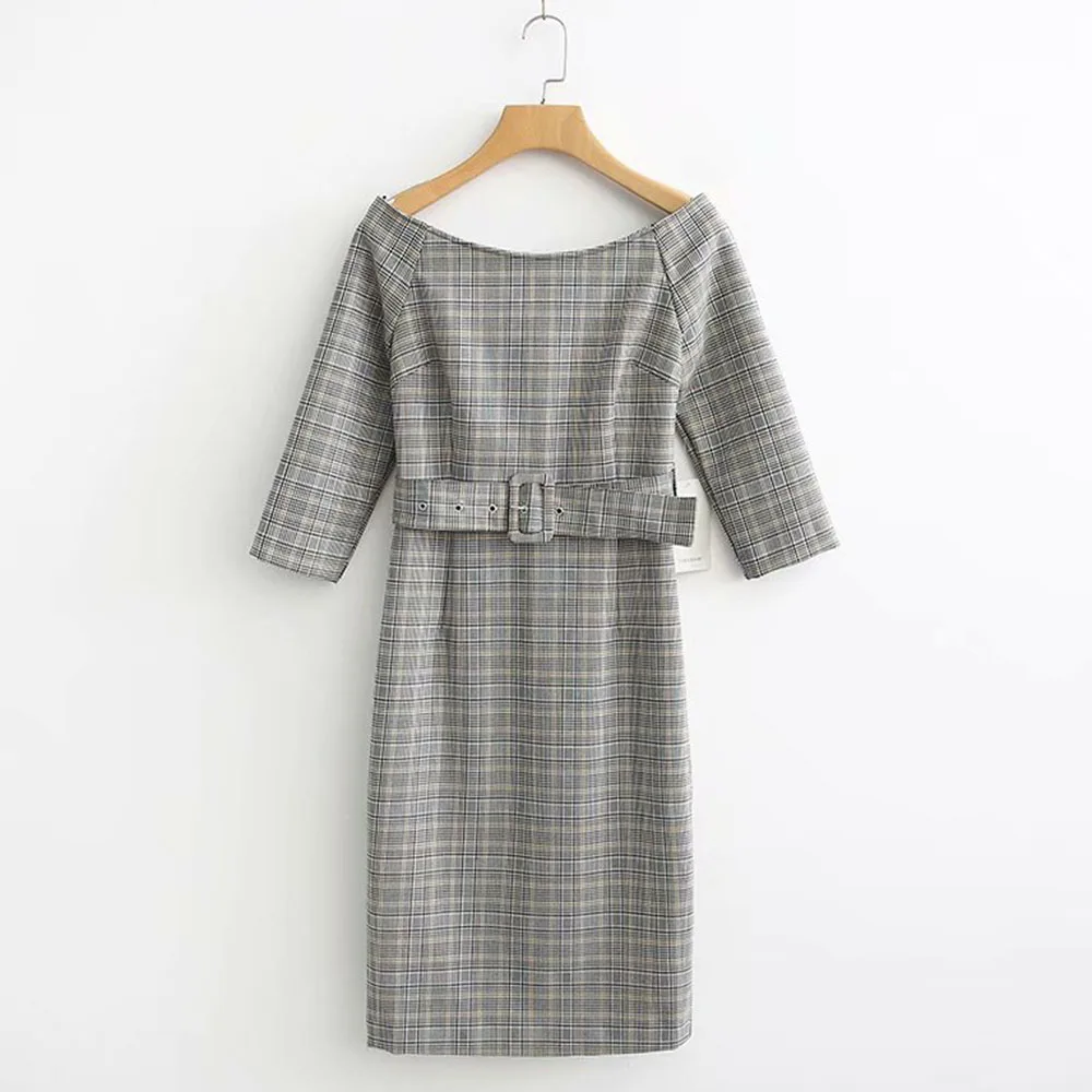 

Plaid Women Straight Dress 2020 Summer Belt Office Lady Work Korean Style Midi Dresses Robe Femme Vestiods Zipper Vintage