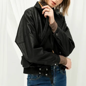

Women Turn-Down Batwing Sleeve Pu Leather Jacket Casual Loose Faux Leather Coat Pockets Spliced Moto Jacket