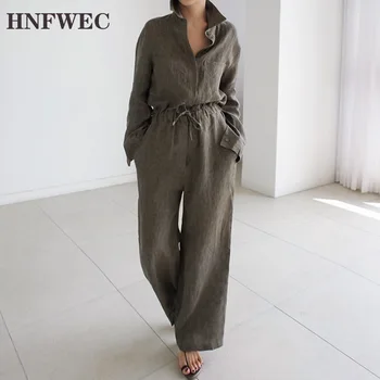 

New Cotton And Linen Long-sleeved Jumpsuit Women Loose Pluz Size Wide Leg Pants Drawstring Jumpsuits Female 2020 Z783